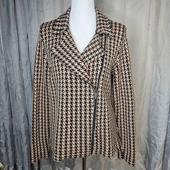 Chaps Classic Tan & Black Houndstooth Asymmetrical Zip Front Knit Sweater Jacket - Picture 1 of 10
